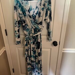 Emerald Blue and White Long Sleeve Wrap Dress